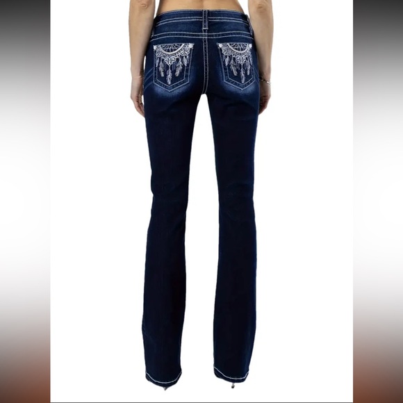 New! Long Length Dark Blue Embroidered Skinny Flared Jeans - Picture 10 of 11